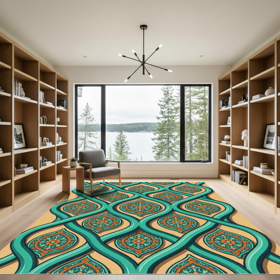 Turquoise Orange Medallion Art Deco Rug