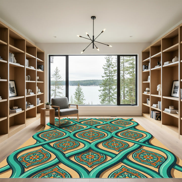 Turquoise Orange Medallion Art Deco Rug