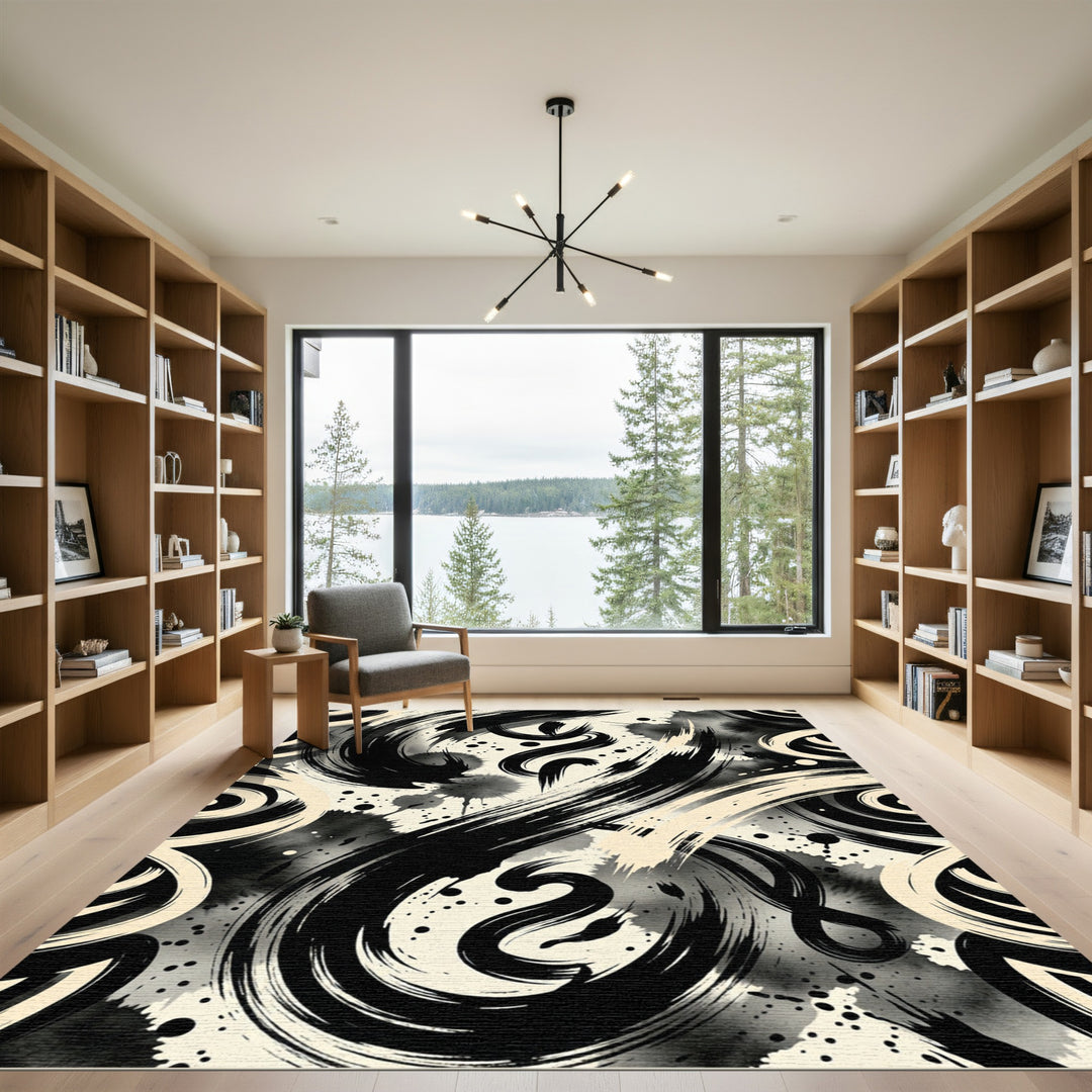 Bold Black Ink Brush Swirls Rug