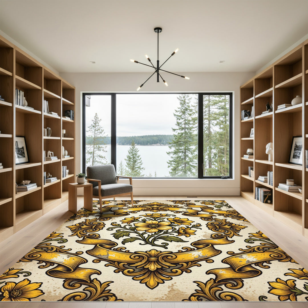 Golden Floral Baroque Ribbon Rug