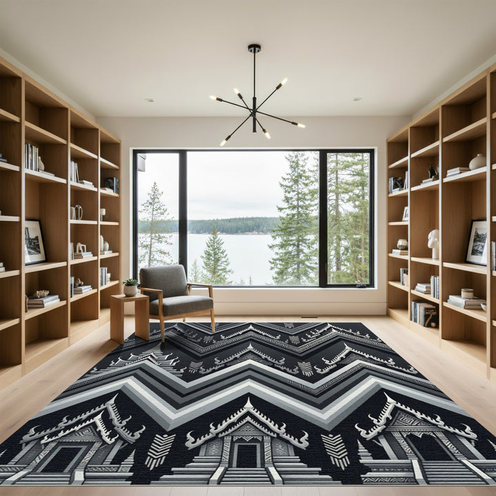 Monochrome Asian Temple Geometric Rug