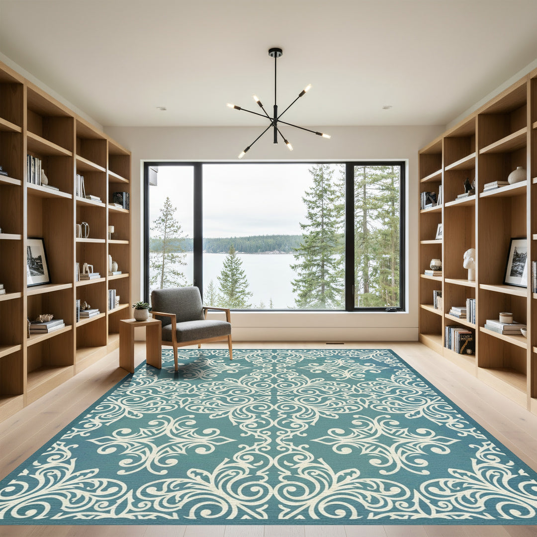 Ornate Teal White Scrollwork Rug