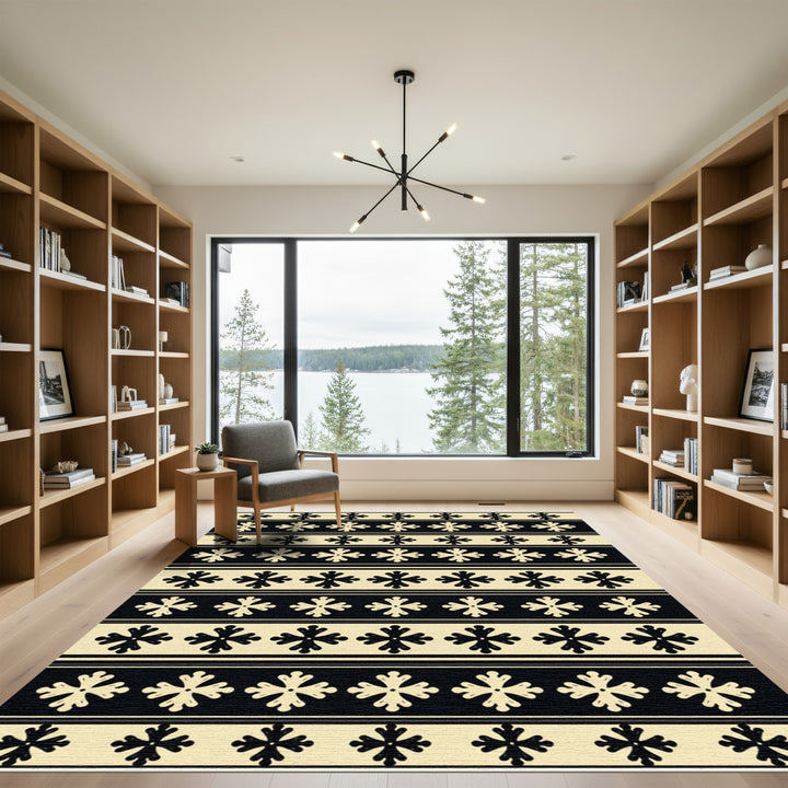 Classic Black Cream Snowflake Stripes Rug