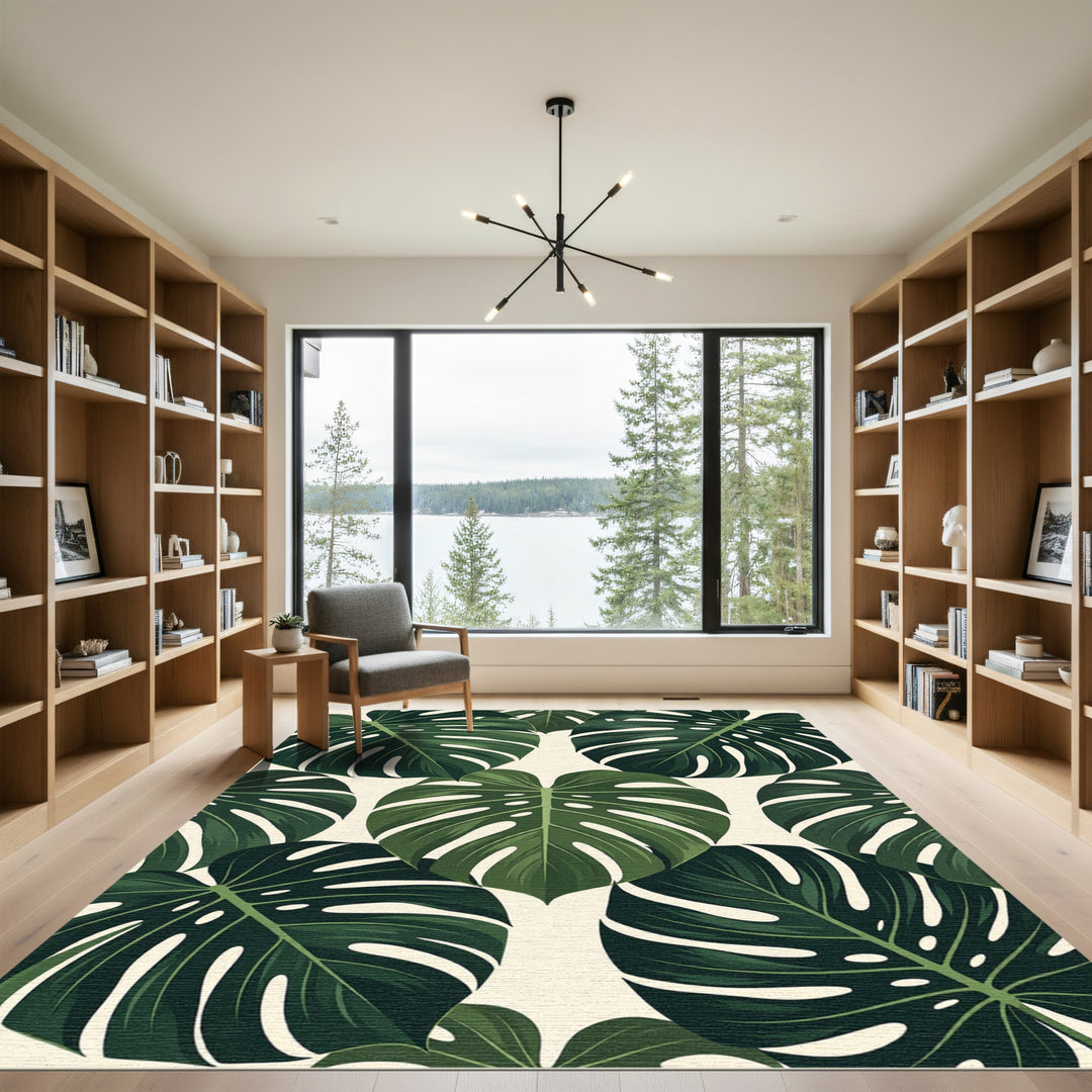 Vibrant Dark Green Tropical Monstera Leaf Rug