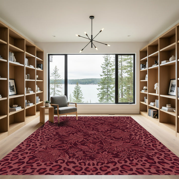 Dark Red Floral Leopard Medallion Rug