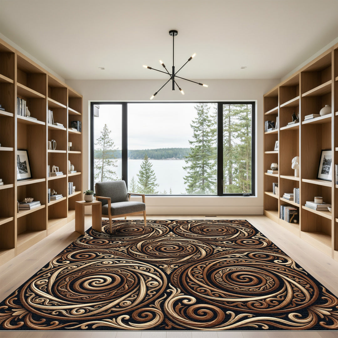 Ornate Golden Spiral Intricate Relief Rug