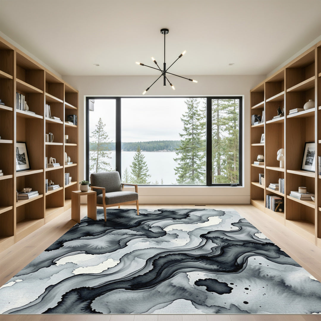 Ink Wash Abstract Black and Gray Rug