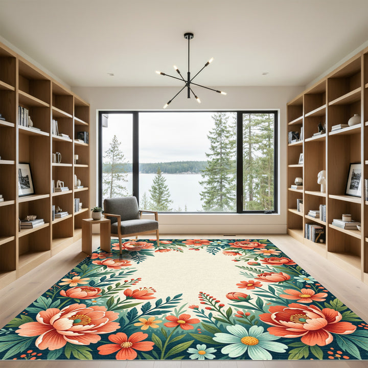 Coral Peony Garden Border Rug