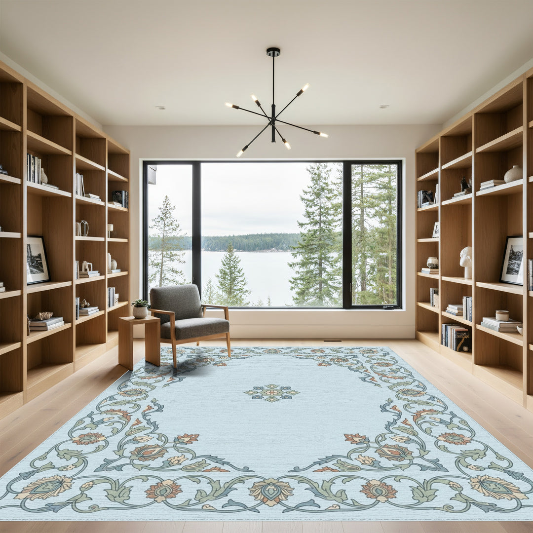 Light Blue Floral Garden Medallion Rug