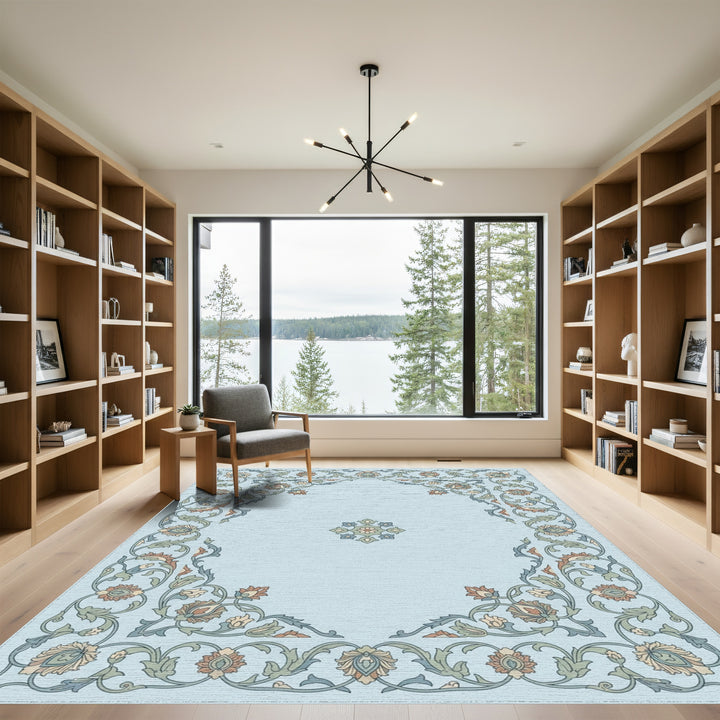 Light Blue Floral Garden Medallion Rug