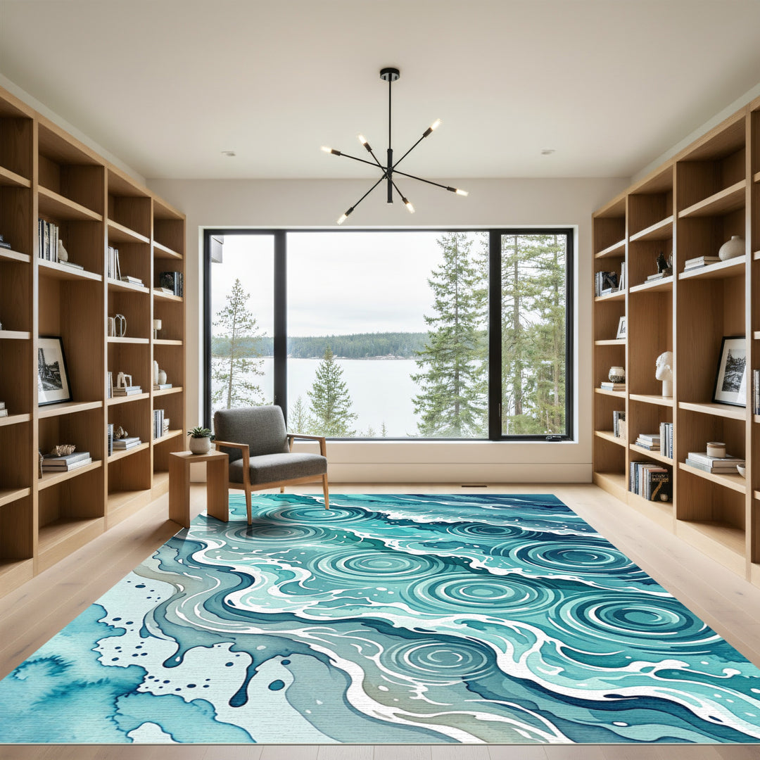 Turquoise Blue Watercolor Ripple Wave Rug