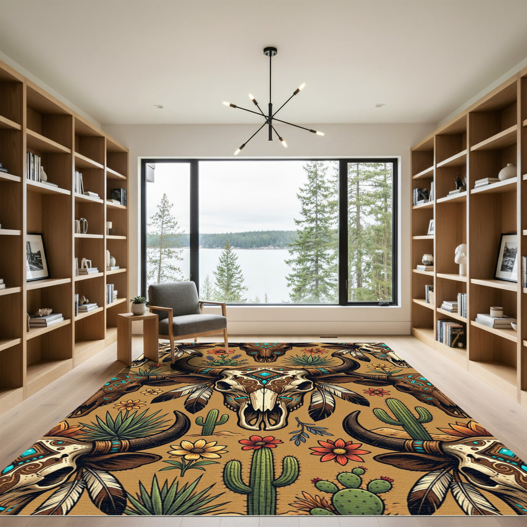 Boho Desert Skull Cactus Floral Rug
