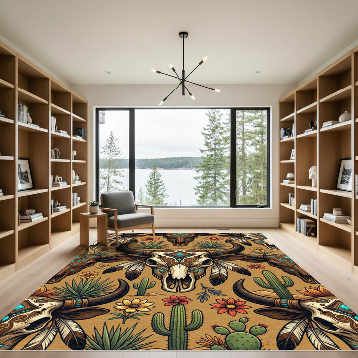 Boho Desert Skull Cactus Floral Rug