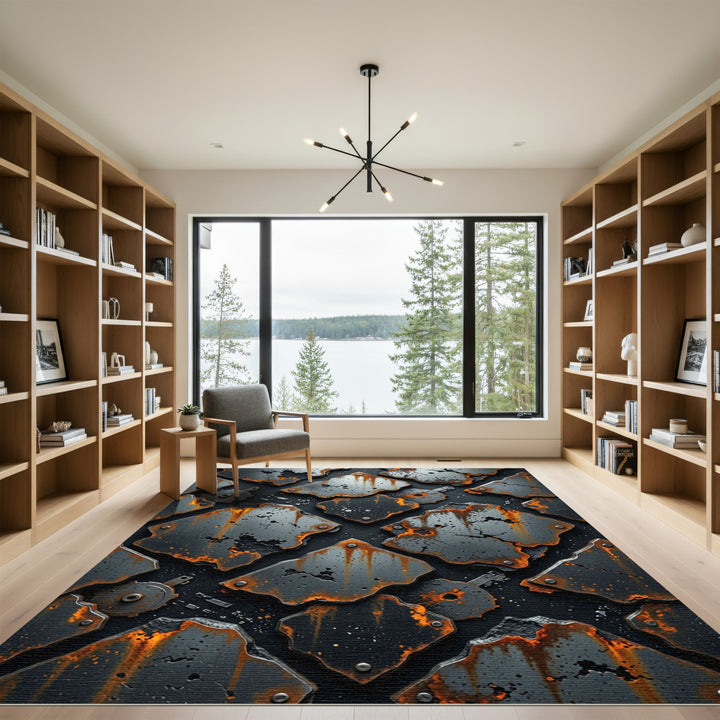 Rusty Metal Industrial Geometric Tiles Rug