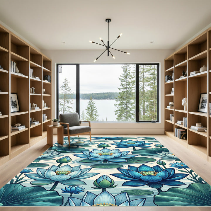 Deep Blue Lotus Pond Botanical Rug