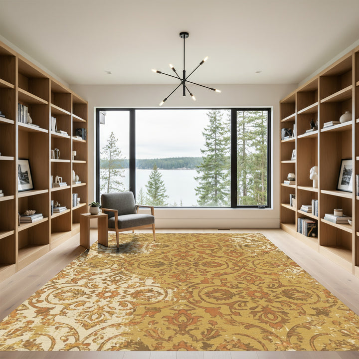 Golden Amber Distressed Floral Damask Rug