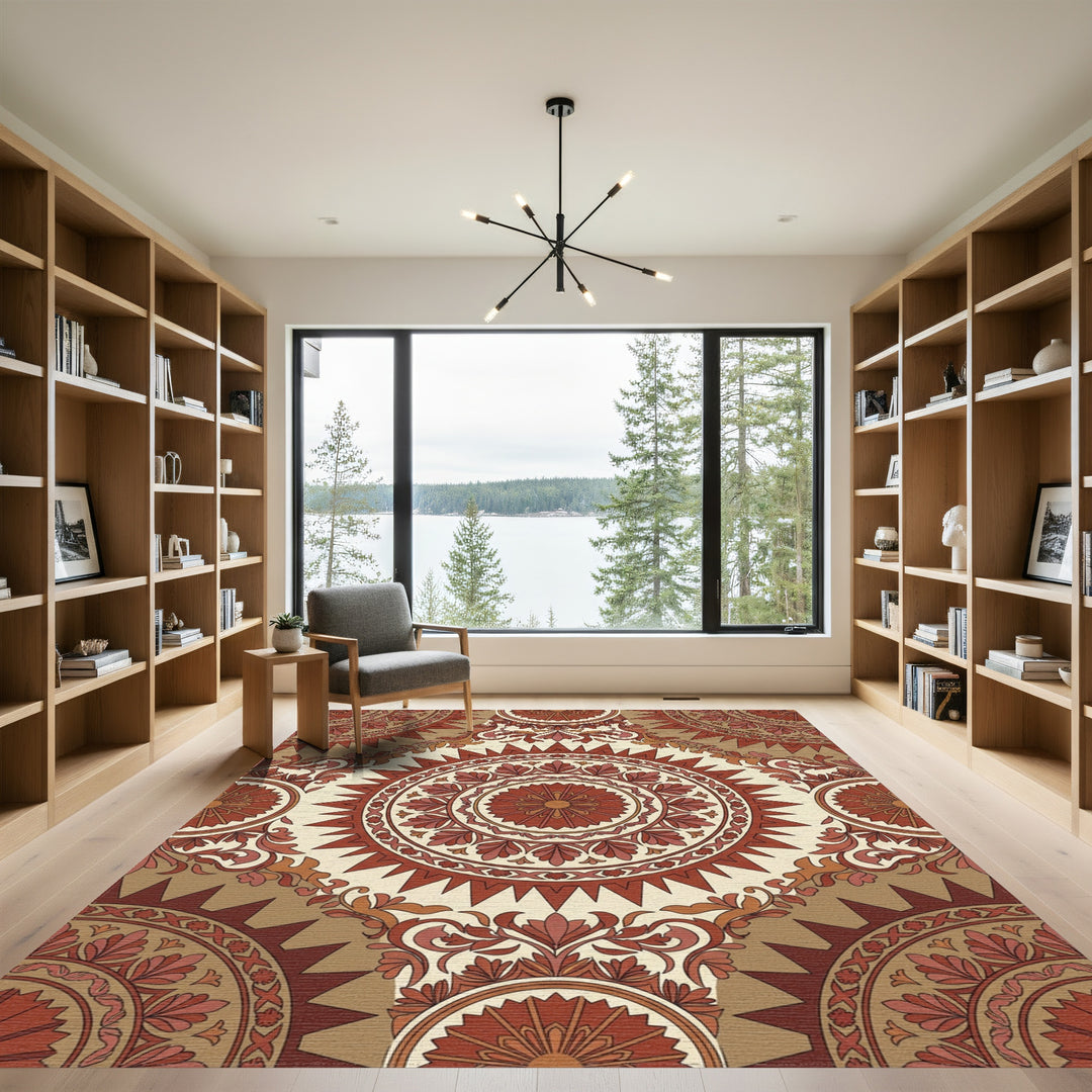 Terracotta Crimson Medallion Floral Rug