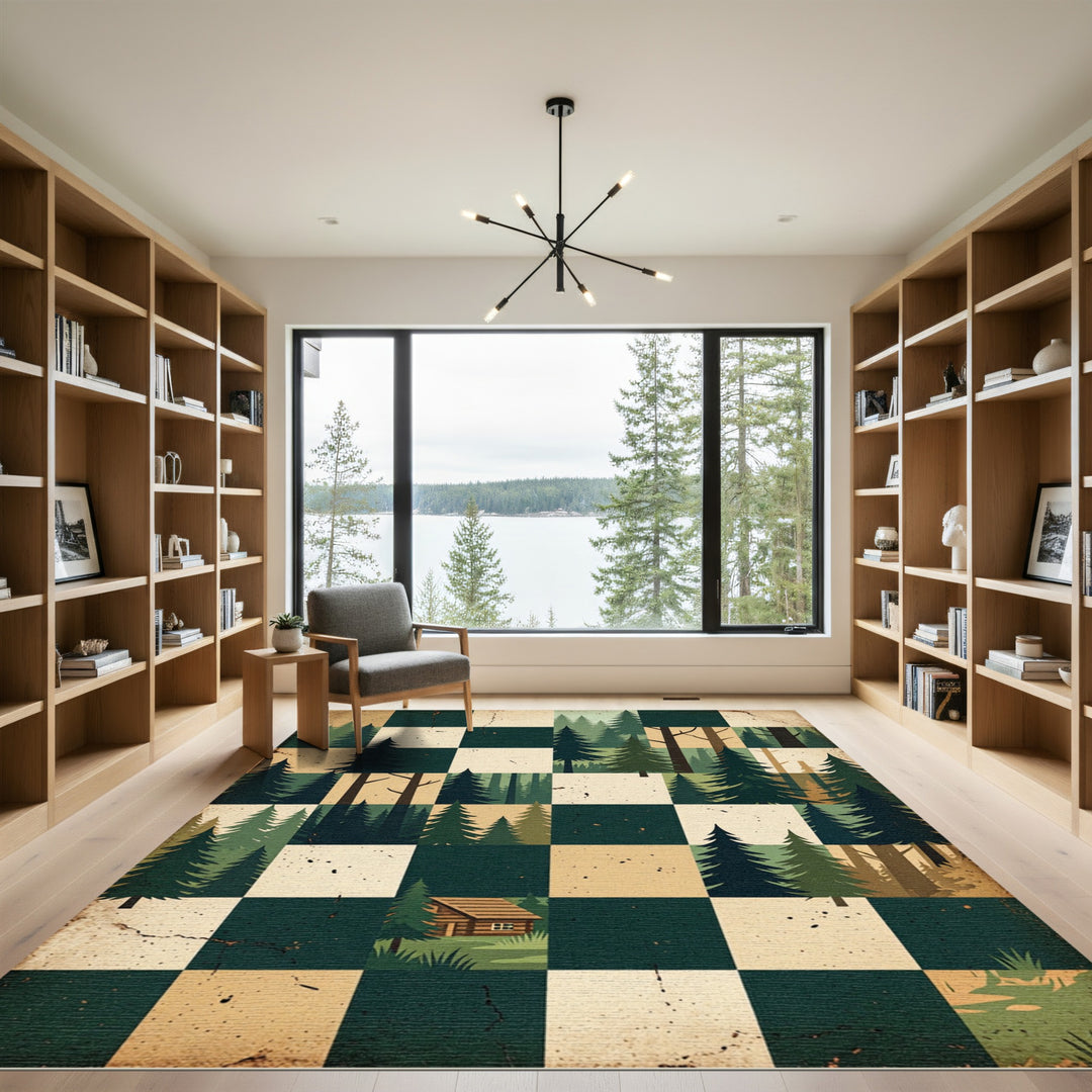 Woodland Cabin Green Forest Squares Rug