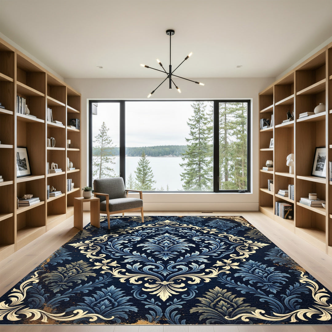 Elegant Blue Golden Damask Rug