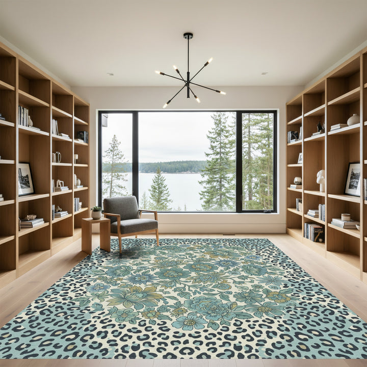 Teal Leopard Floral Medallion Arrangement Rug
