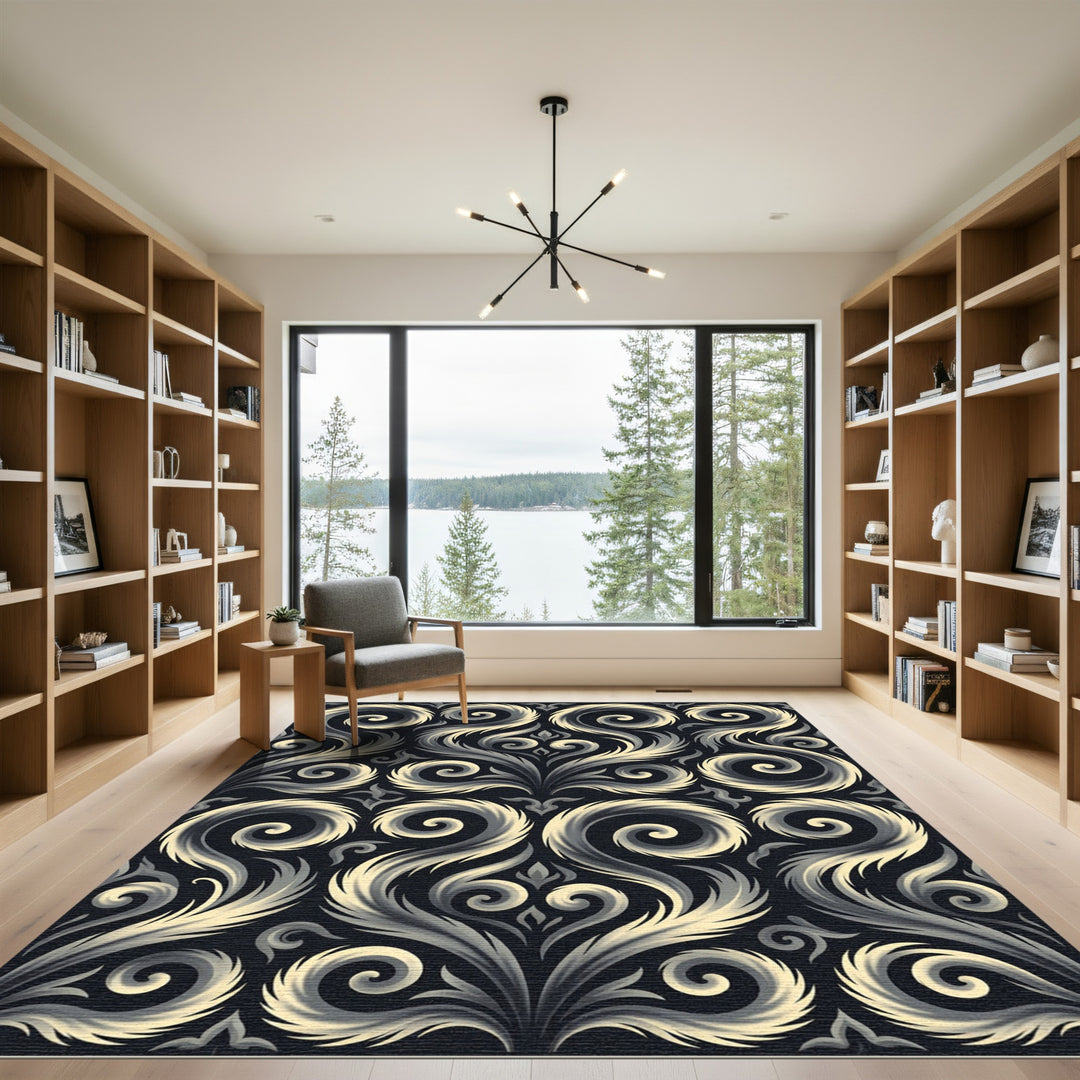 Elegant Black Swirl Floral Rug