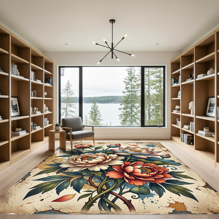 Vibrant Coral Peony Lotus Rug