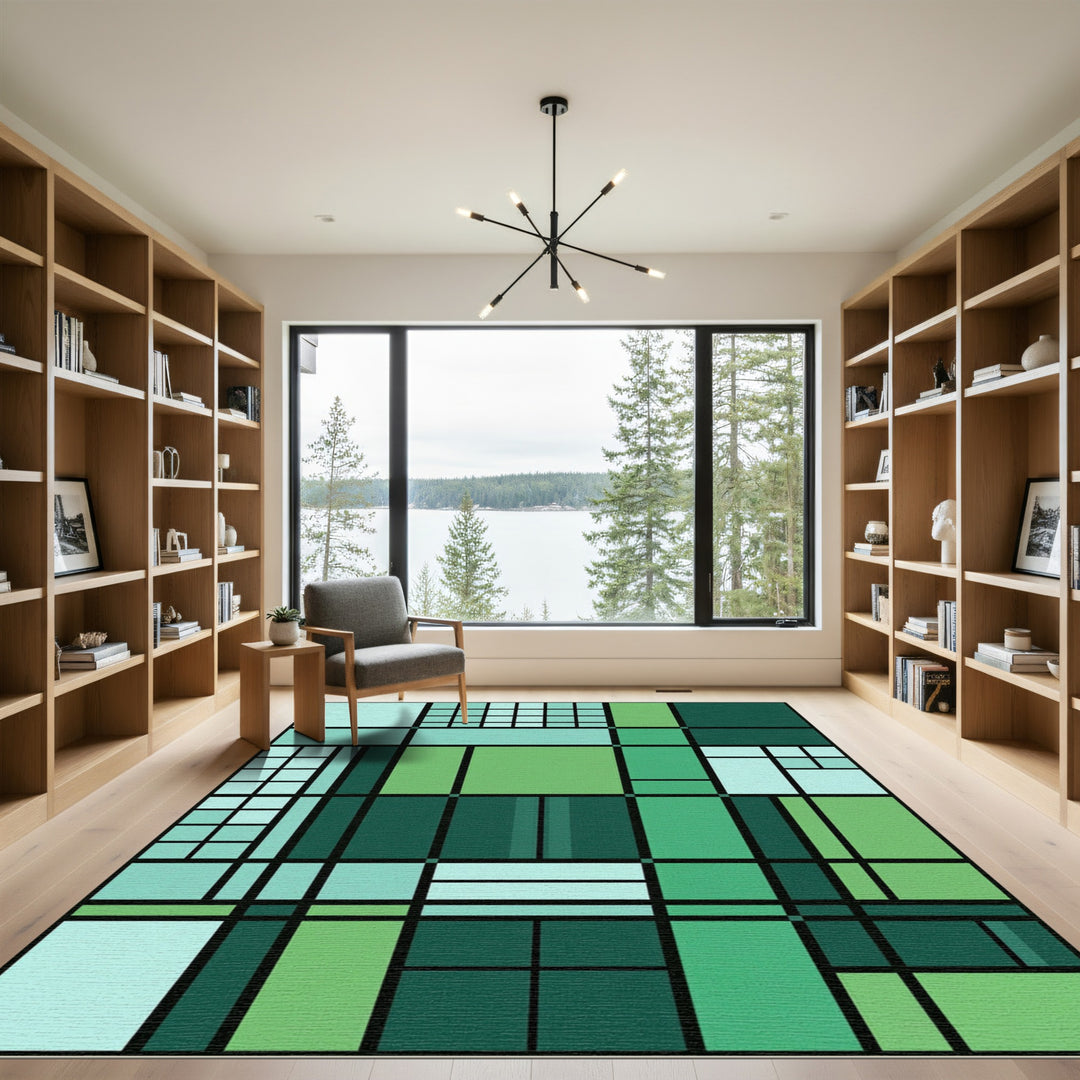 Teal Green Geometric Grid Composition Rug