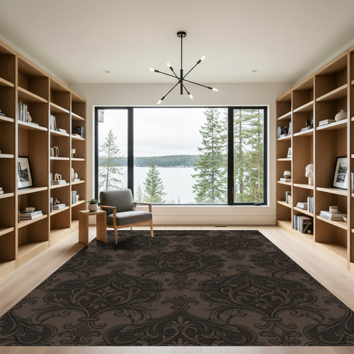 Dark Brown Classic Damask Scroll Rug