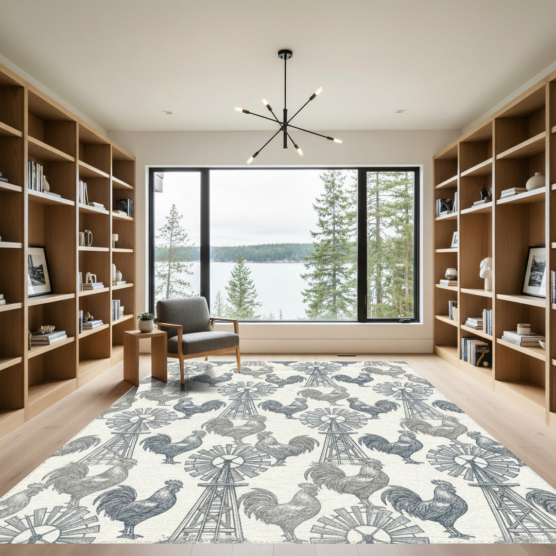 Farmhouse Roosters Windmill Sketch Rug