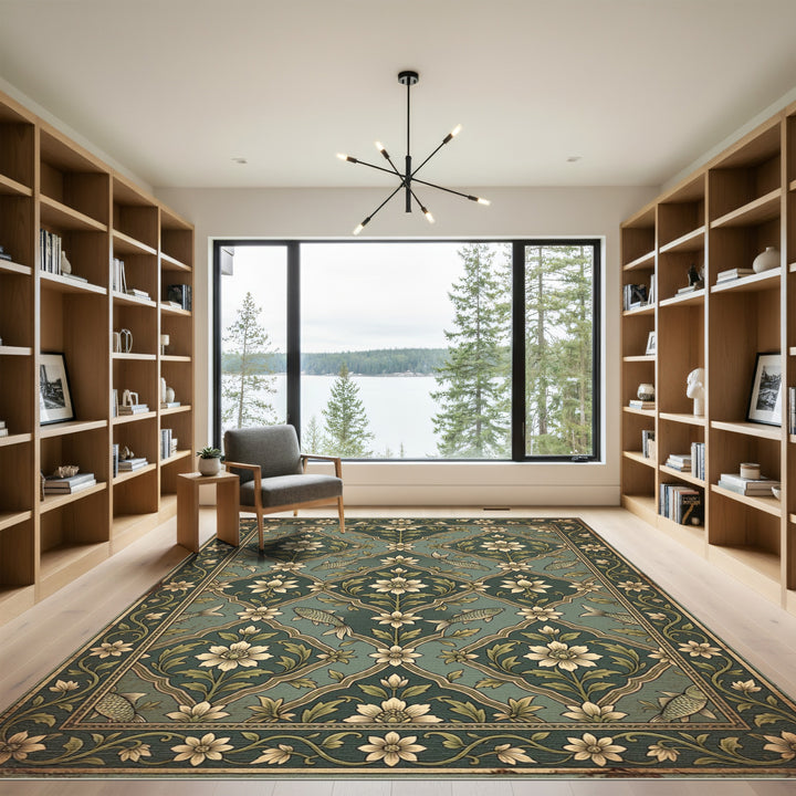 Elegant Teal Floral Fish Rug