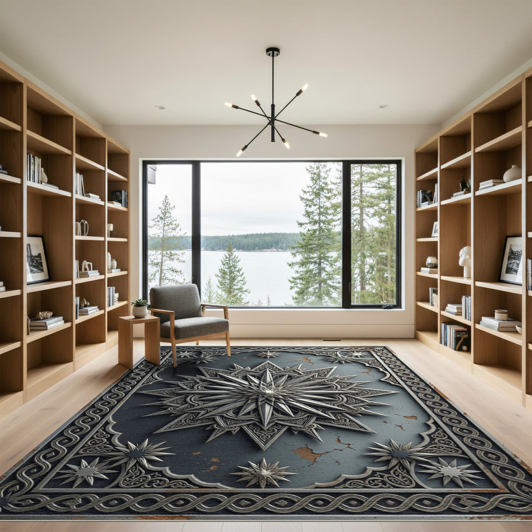 Ornate Silver Starburst Mandala Rug
