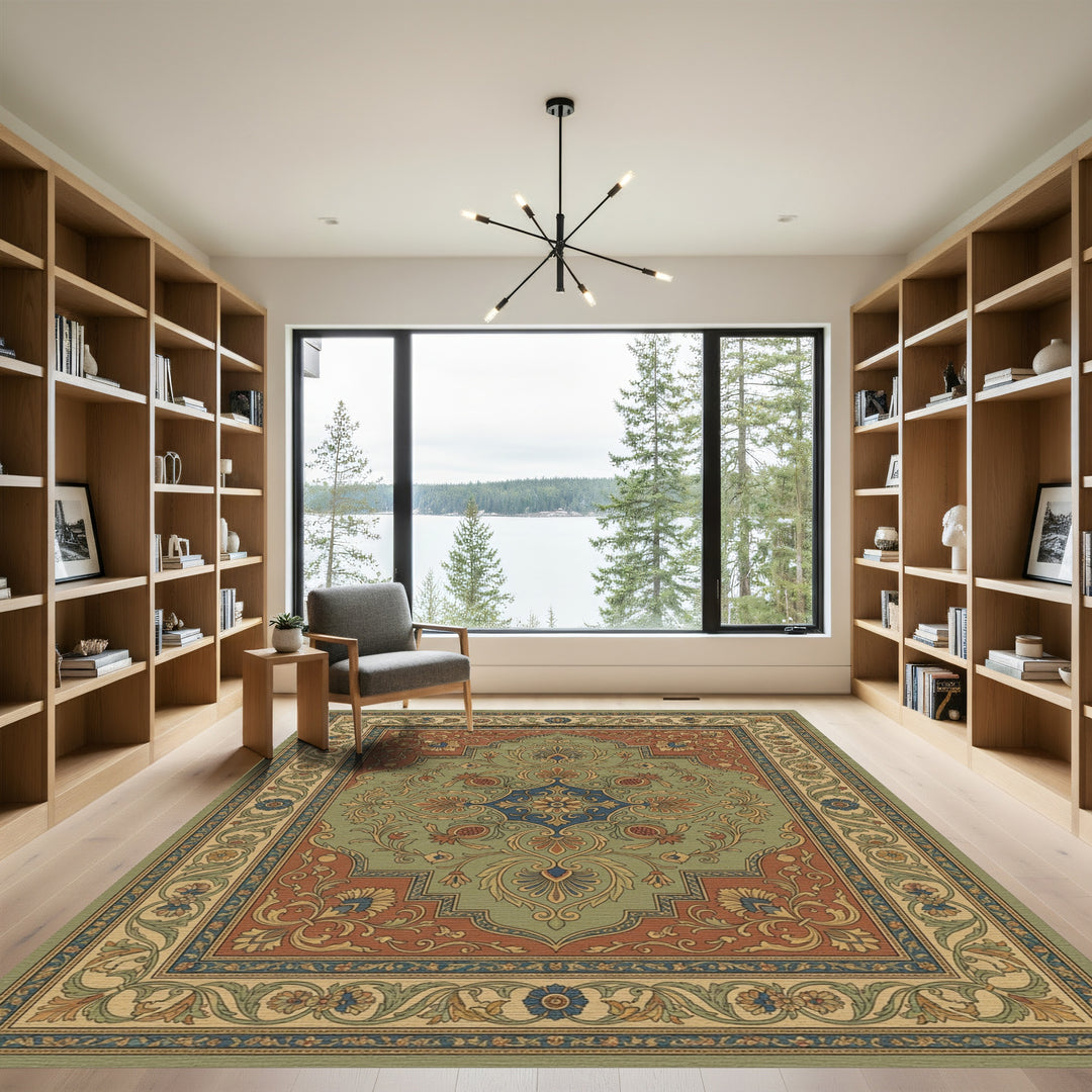 Ornate Green Floral Medallion Rug