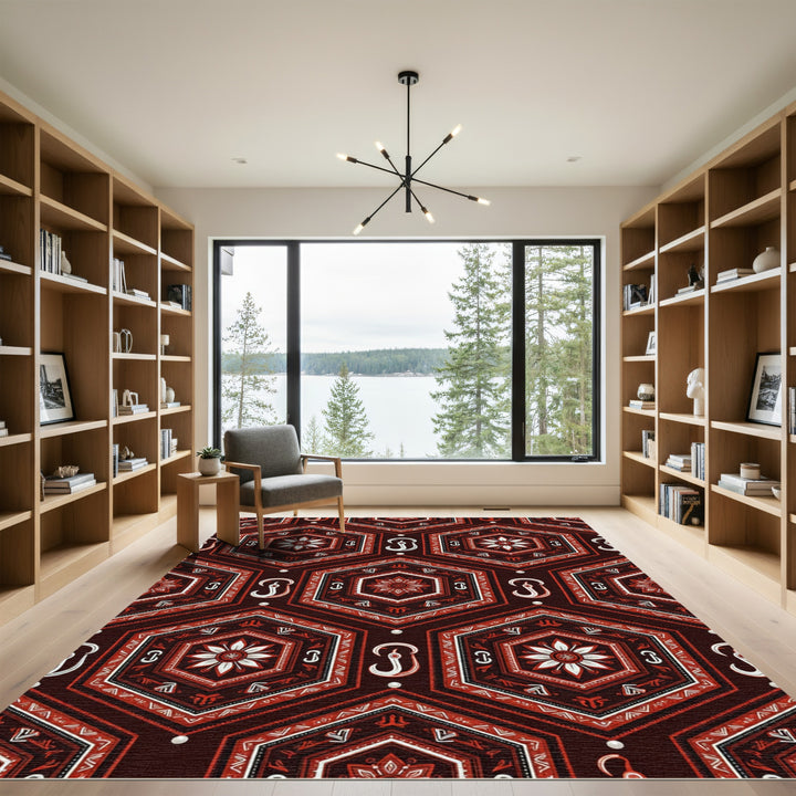 Crimson White Hexagonal Floral medallion Rug