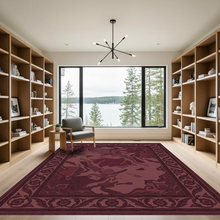 Deep Burgundy Floral Medallion Border Rug