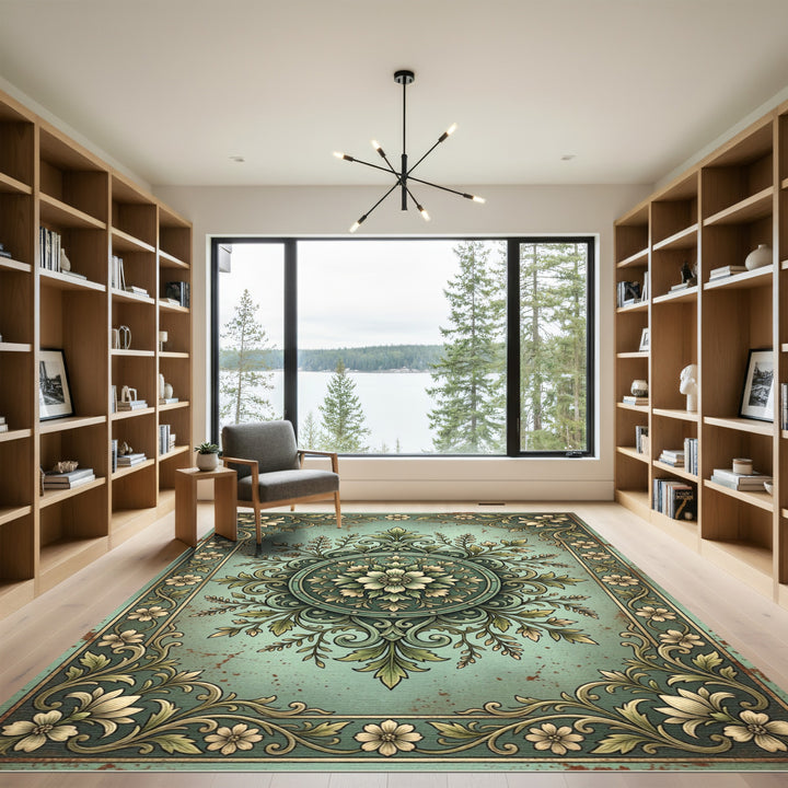 Vintage Teal Floral Scroll Rug