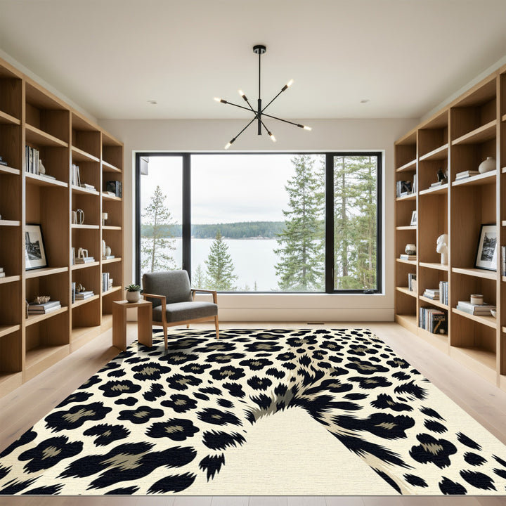Contemporary Black Cream Leopard Spots Rug