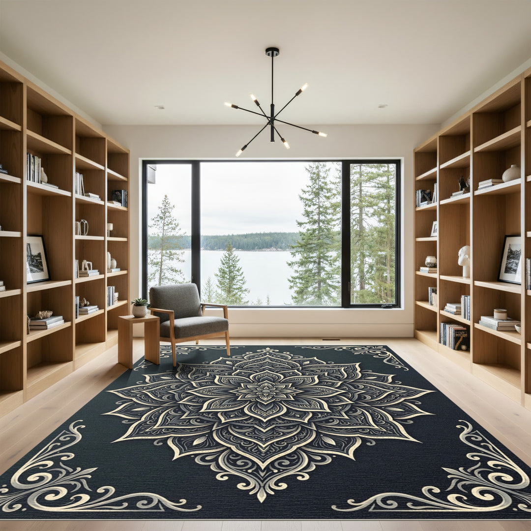 Elegant Gray Mandala Ornament Rug