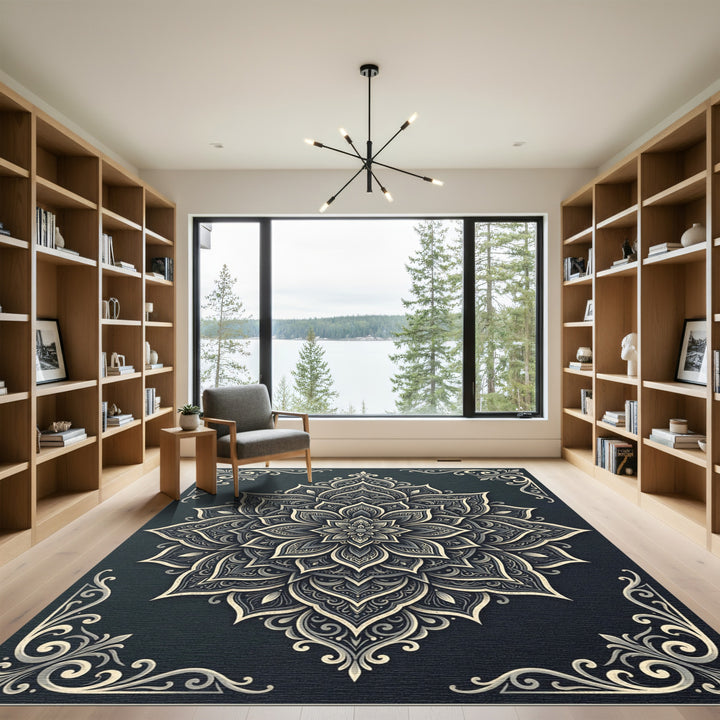 Elegant Gray Mandala Ornament Rug