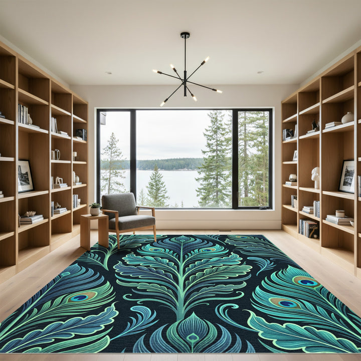 Teal Blue Peacock Feather Flourish Rug