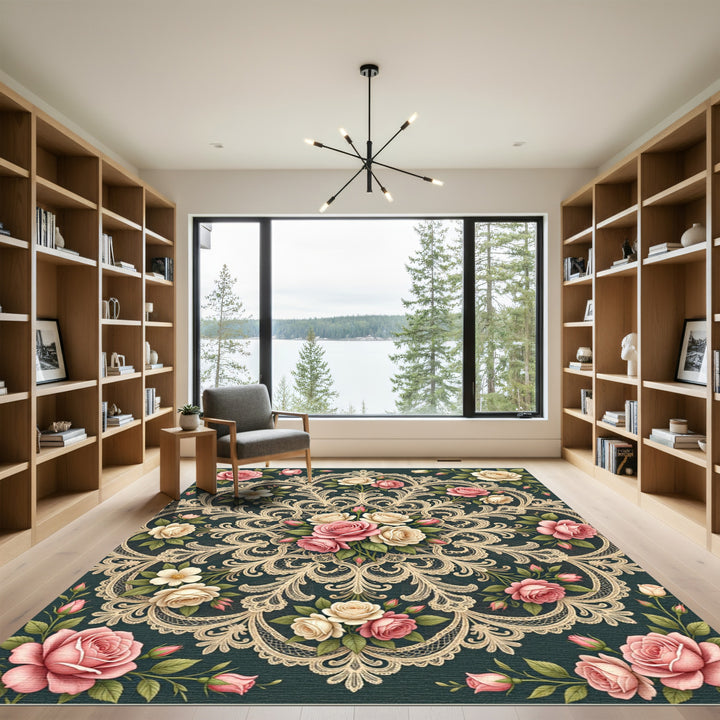 Elegant Pink Rose Lace Mandala Rug