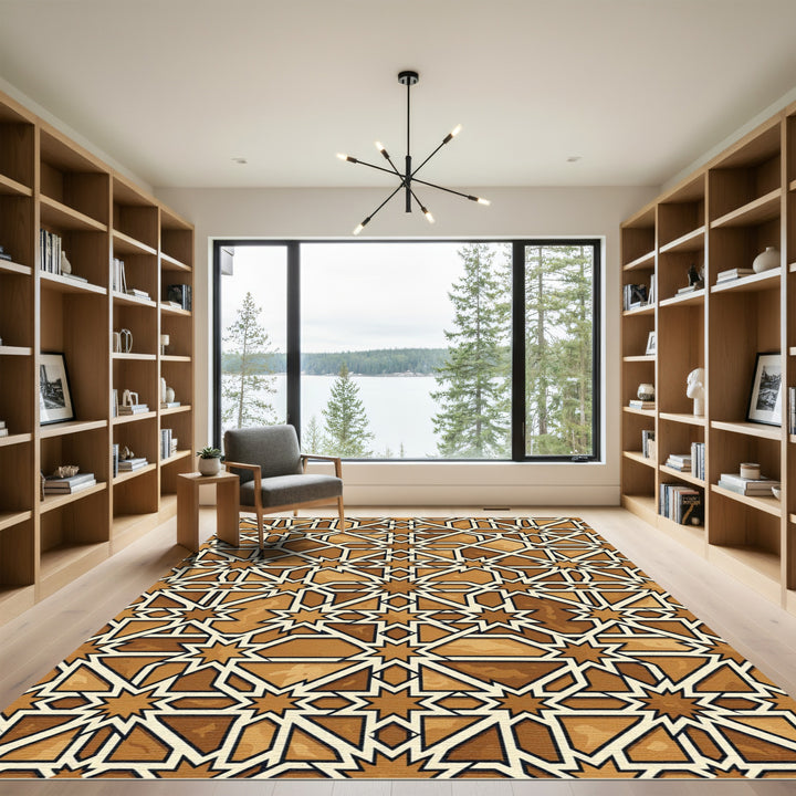 Brown Geometric Star Wood Weave Rug