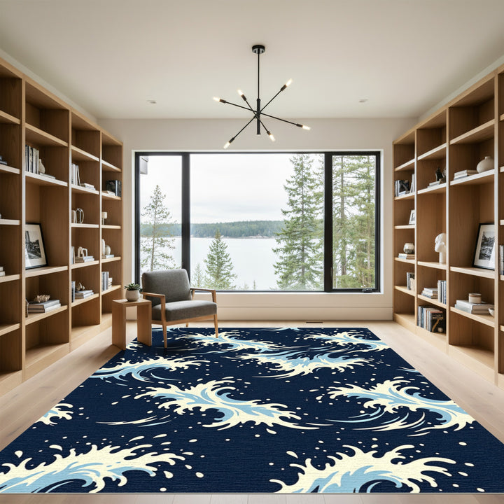 Dynamic Navy Blue Ocean Wave Rug