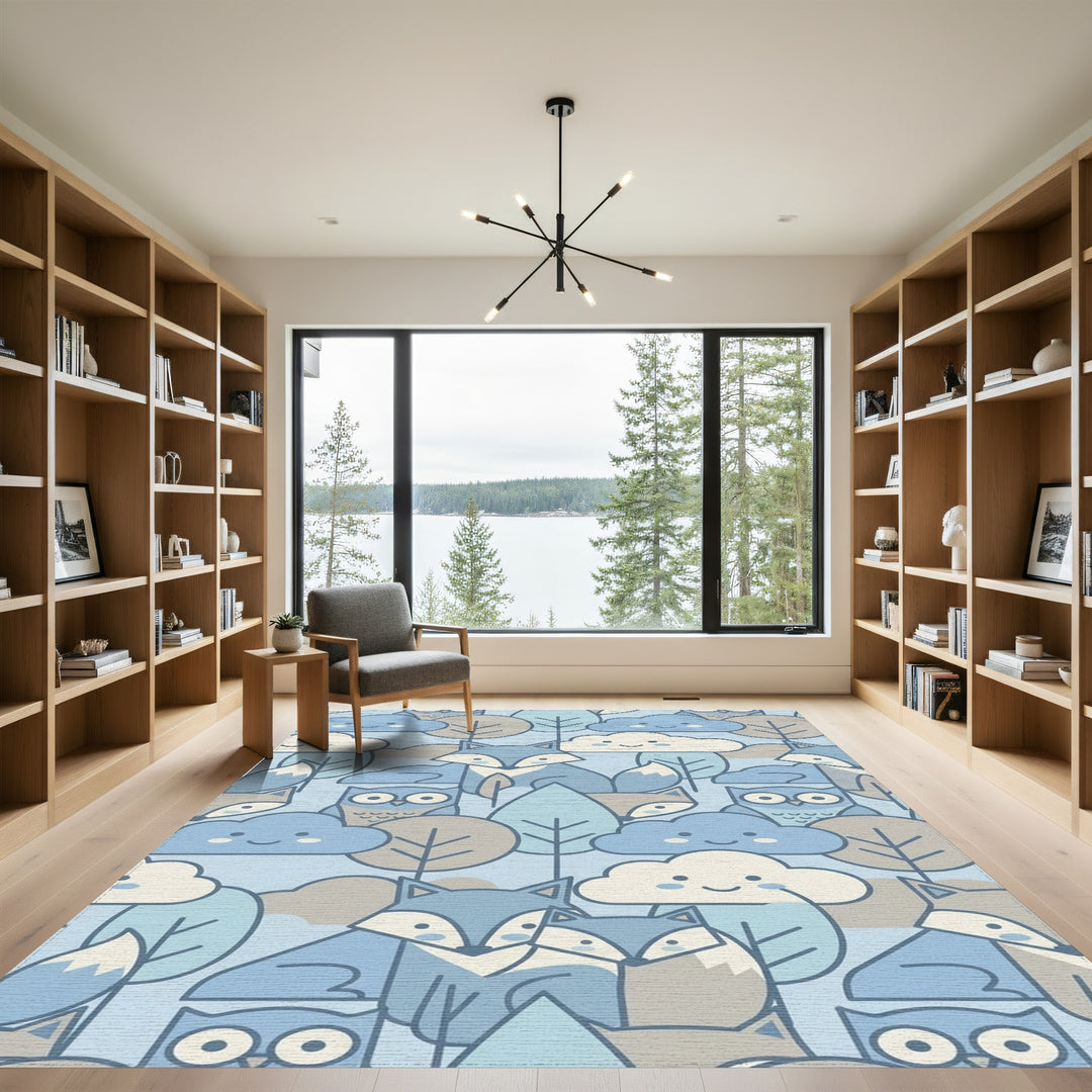 Cute Woodland Animals Blue Sky Clouds Rug