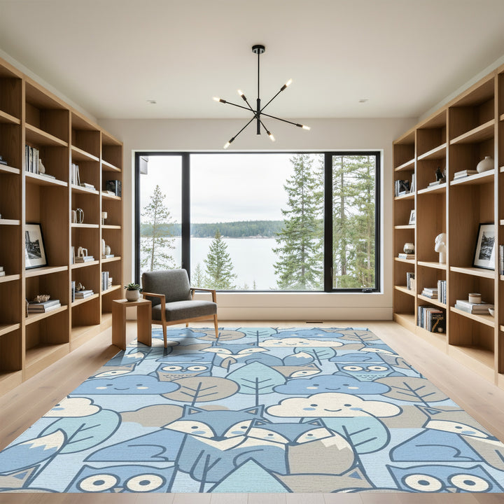 Cute Woodland Animals Blue Sky Clouds Rug