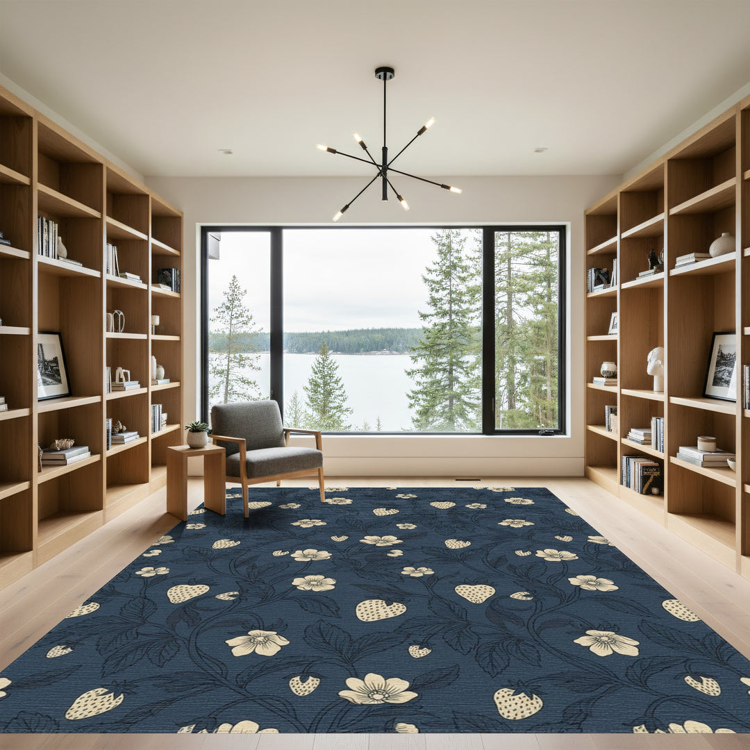 Navy Blue Strawberry Floral Vine Rug