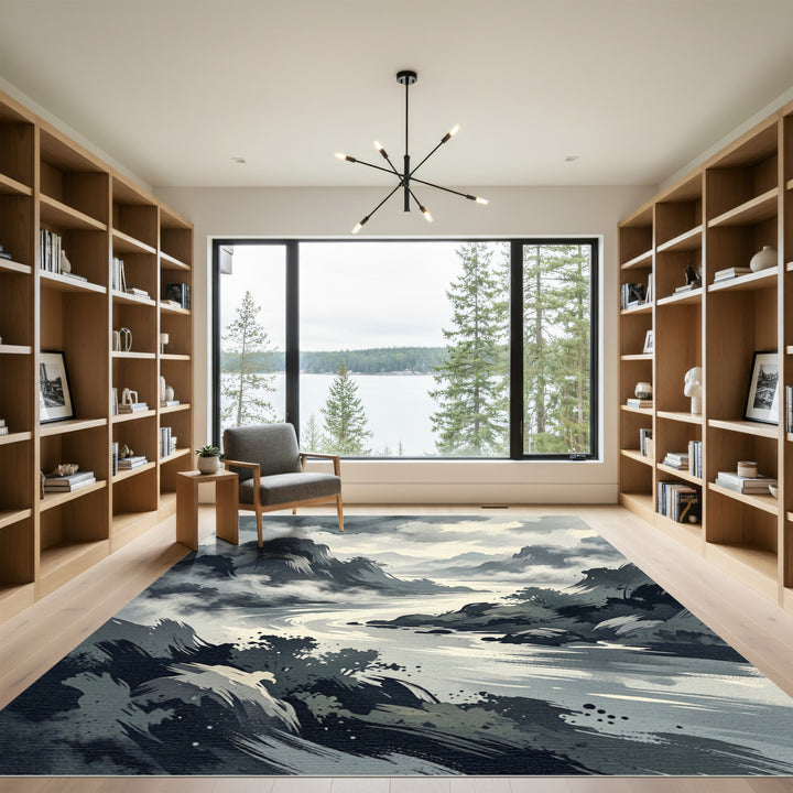 Misty Mountain River Landscape Rug