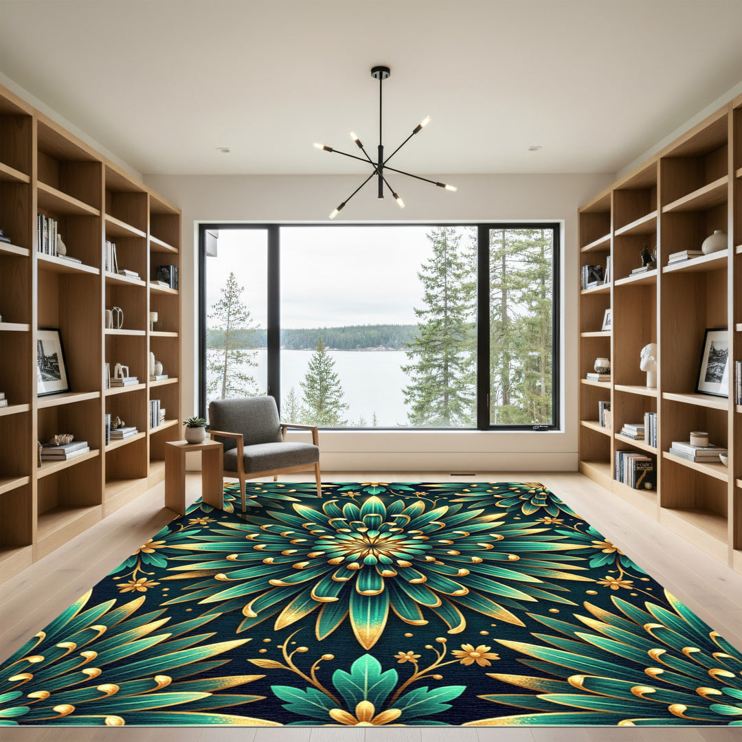Emerald Gold Floral Mandala Rug