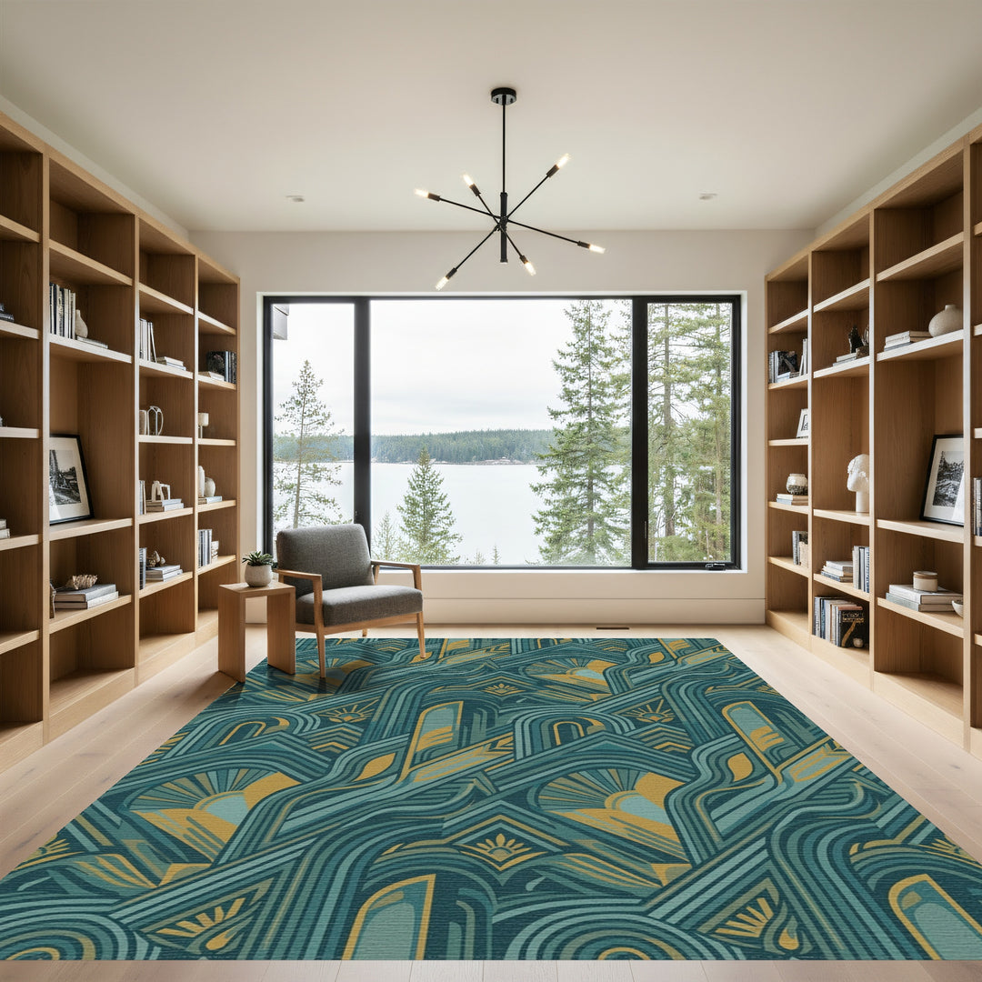Teal Gold Geometric Sunburst Arch Rug
