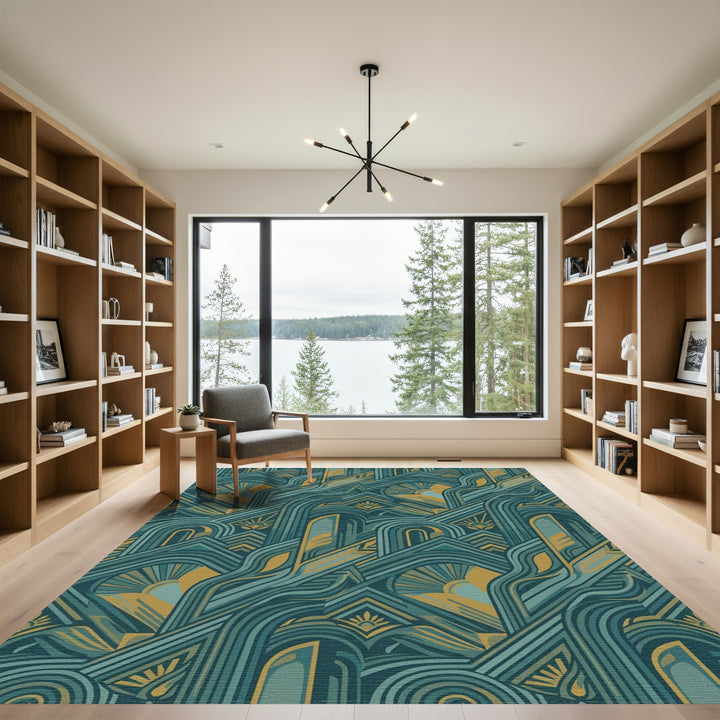 Teal Gold Geometric Sunburst Arch Rug