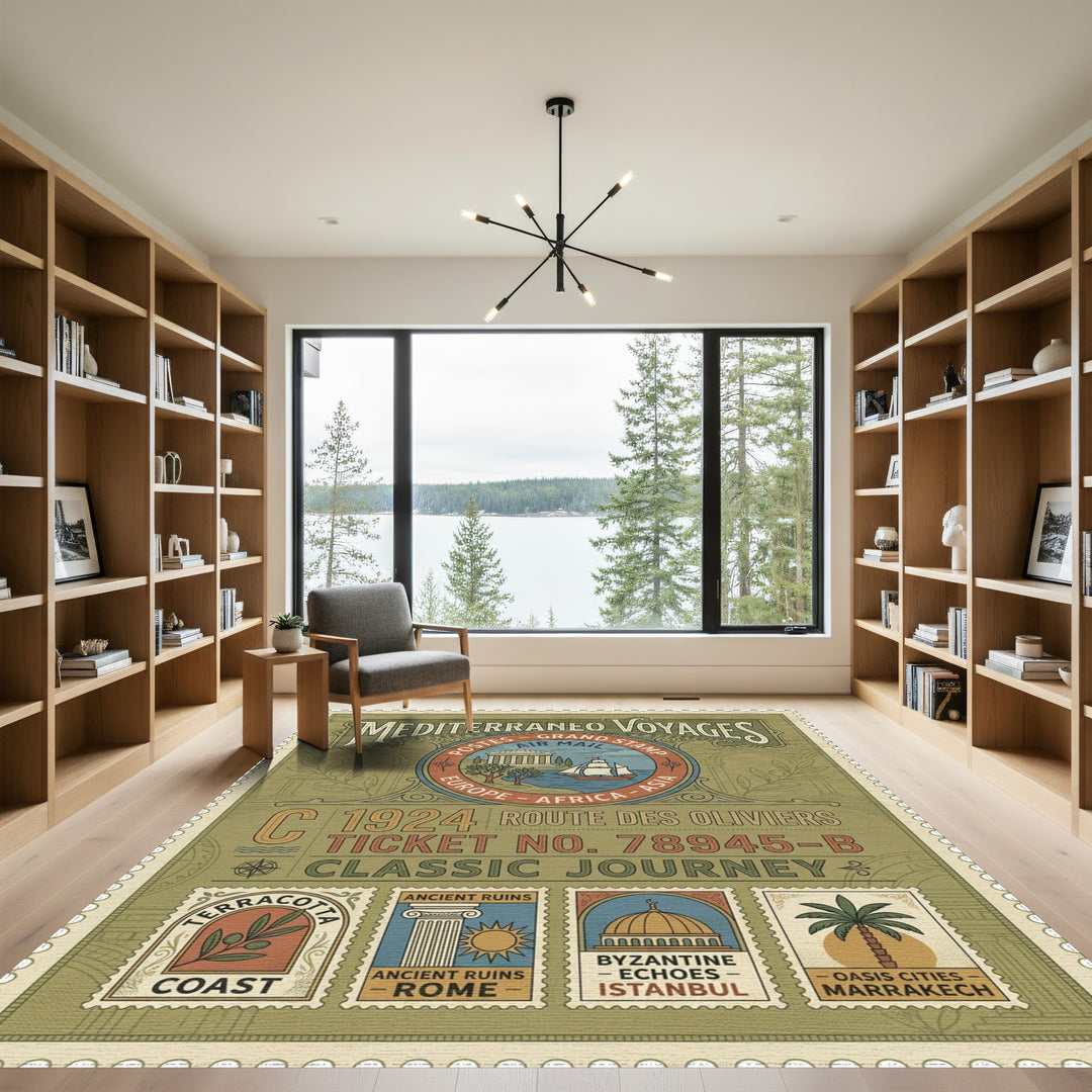 Vintage Mediterranean Voyage Stamp Rug